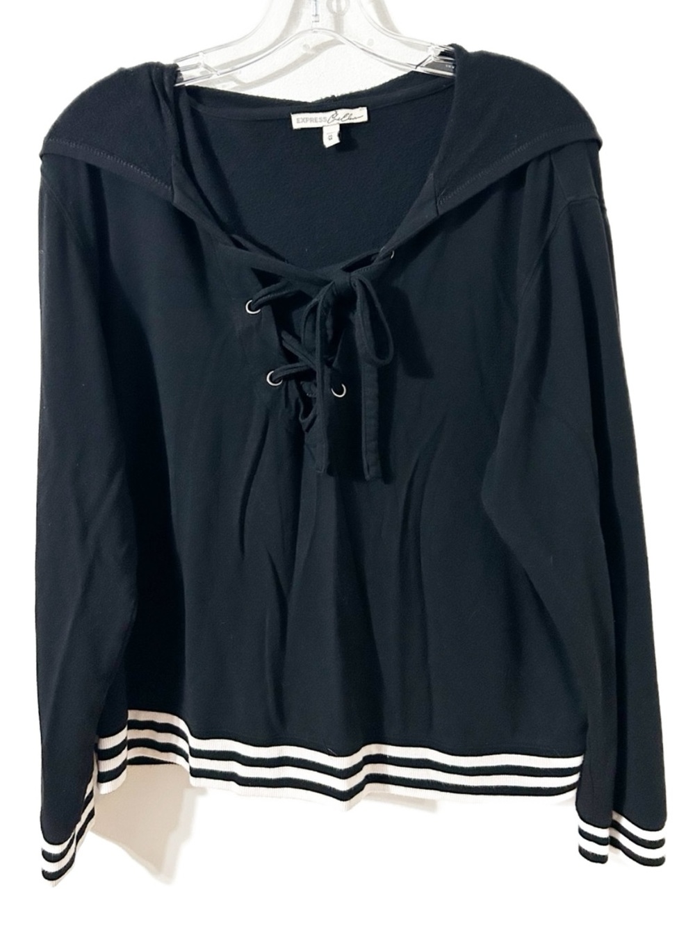 Express One Eleven Sailor Collar Lace-Up Hoodie Sweatshirt Striped Cuff Waist
